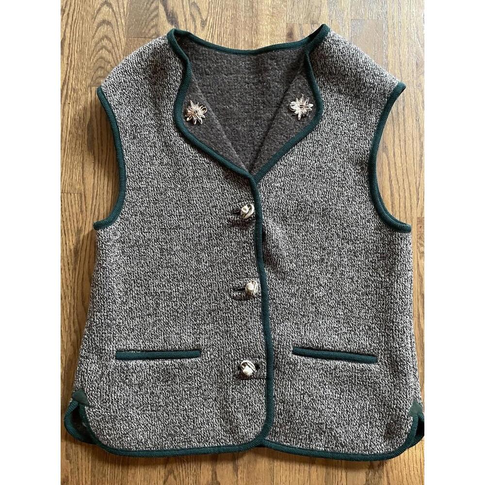 Vtg Tofana Austria Wool Vest Pockets Ornate Buttons Brown Green Trim US10/EU40
